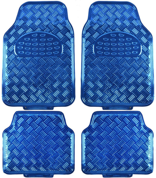 BDK 4-Piece All-Weather Universal Fit Front & Rear Floor Mats for Cars Trucks SUVs Vans, All-Weather Easy-to-Clean Diamond Metal Pattern Durable Heavy Duty Non-Slip Protection - Metallic Blue