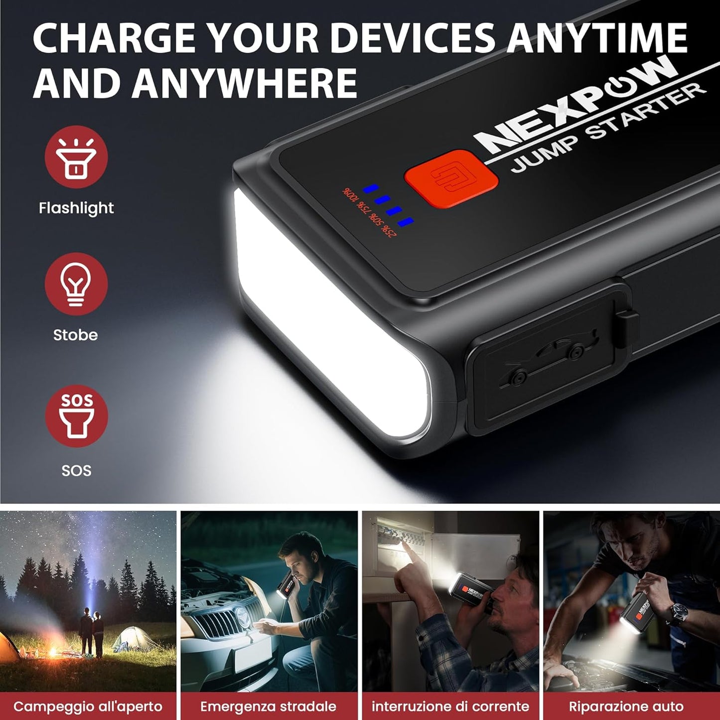 Car Jump Starter 3000A, NEXPOW 12V Battery Jumper Start Pack Kit for Up to 9.0L Gas & 7.0L Diesel Engines, Portable Jump Box with Jumper Cables, USB Quick Charge, LED Flashlight for Car, Motorcycle