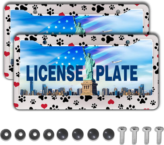 License Plate Frames Black, White, and Red License Plate Bracket Dog Footprints Universal Aluminum Car Accessory 2 Pack with Screw Covers Set