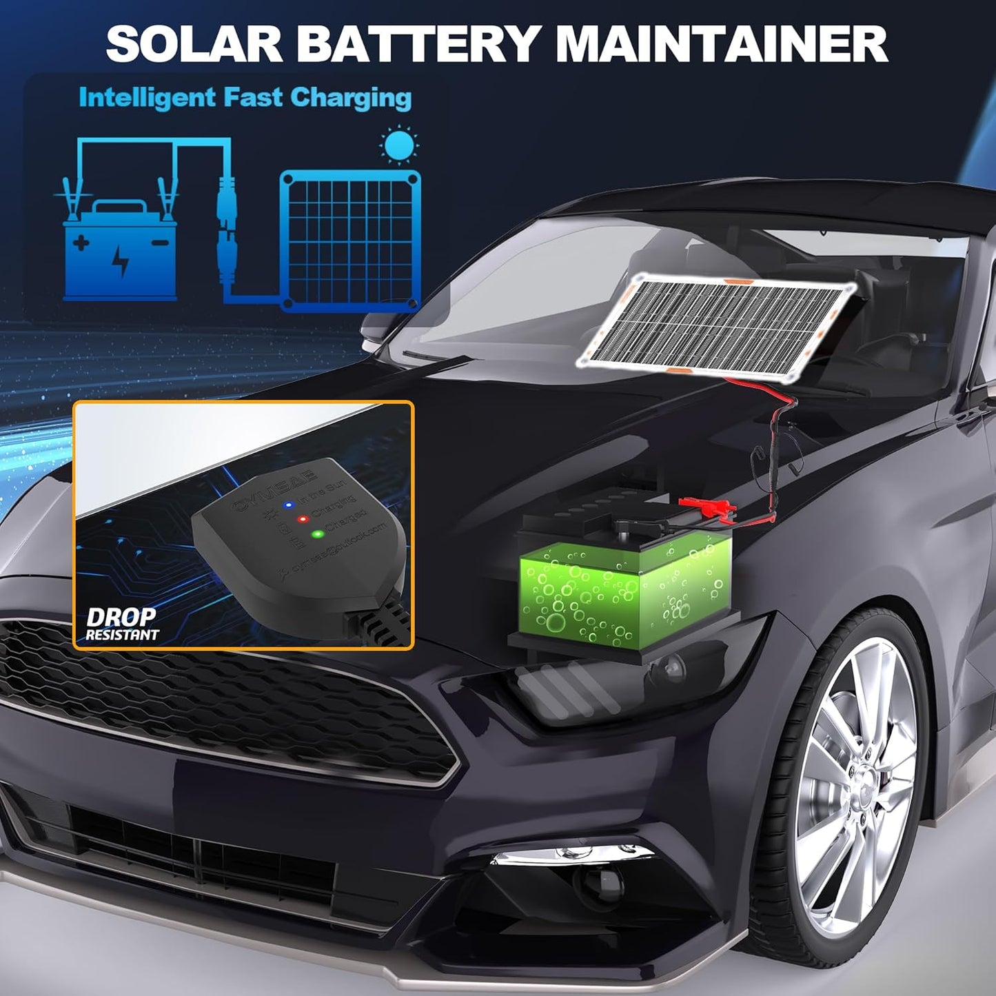 OYMSAE 10W Solar Car Battery Charger Portable 12V Trickle Battery Charger & Maintainer Waterproof Solar Panel for Car Boat Automotive RV