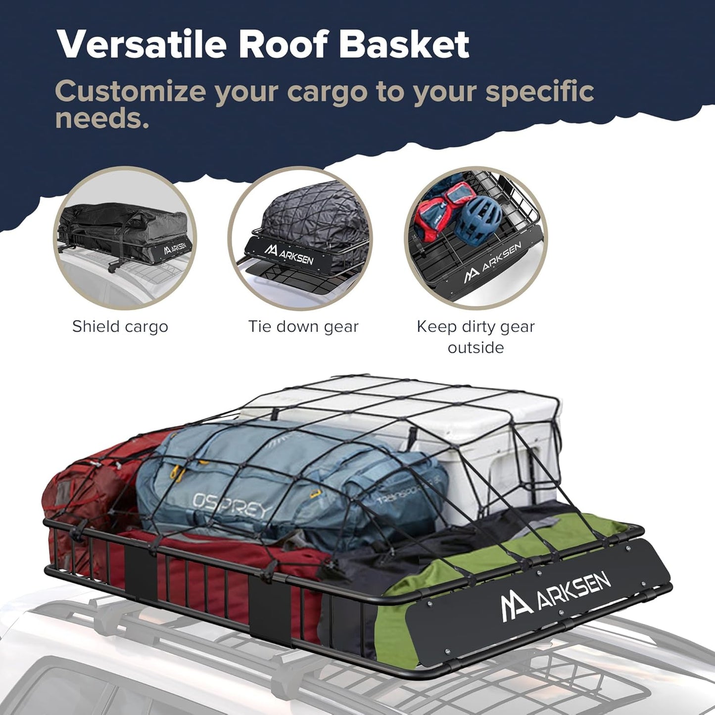 ARKSEN 64 x 39 x 6 Inch Universal 150LB Heavy Duty Roof Rack Cargo with Cargo Net, Car Top Luggage Holder Carrier Basket with Extension for SUV, Truck or RV Camping Storage Steel Construction