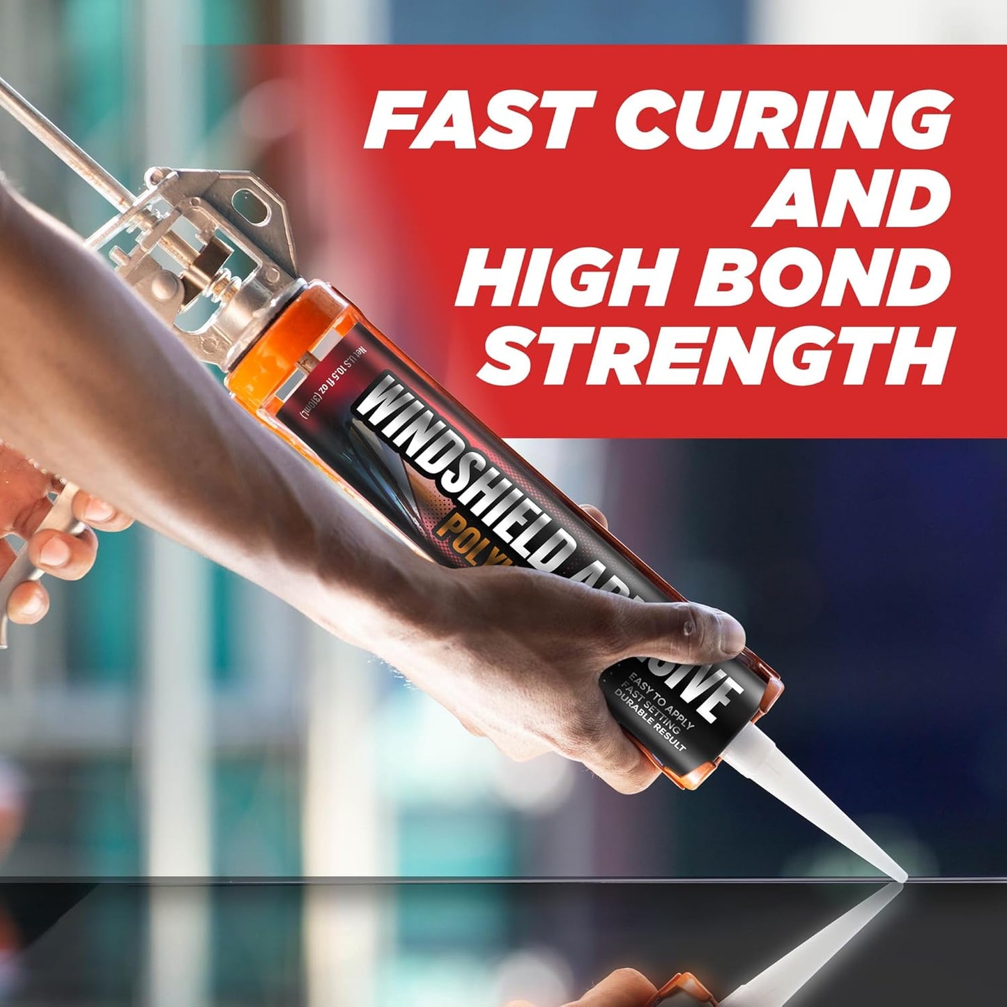 Polyurethane Windshield Adhesive - Quick Curing & Weather Resistant Auto Glass Adhesive, Vertical & Overhead Application, Windshield Repair Kit with Gloves, Applicator Tip & Cartridge - 310ml Black