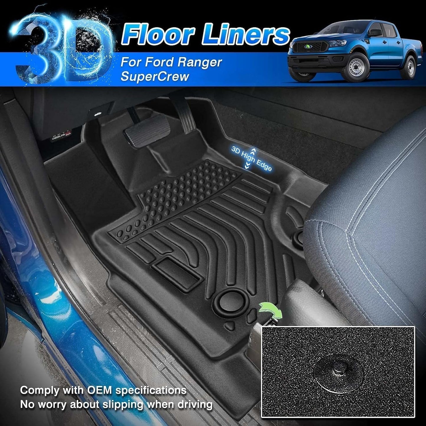 Cartist Floor Mats Fits for Ford Ranger 2019 2020 2021 2022 2023 Accessories All Weather Floor Mat for Ranger Super Crew Floor Liner Heavy Duty Black