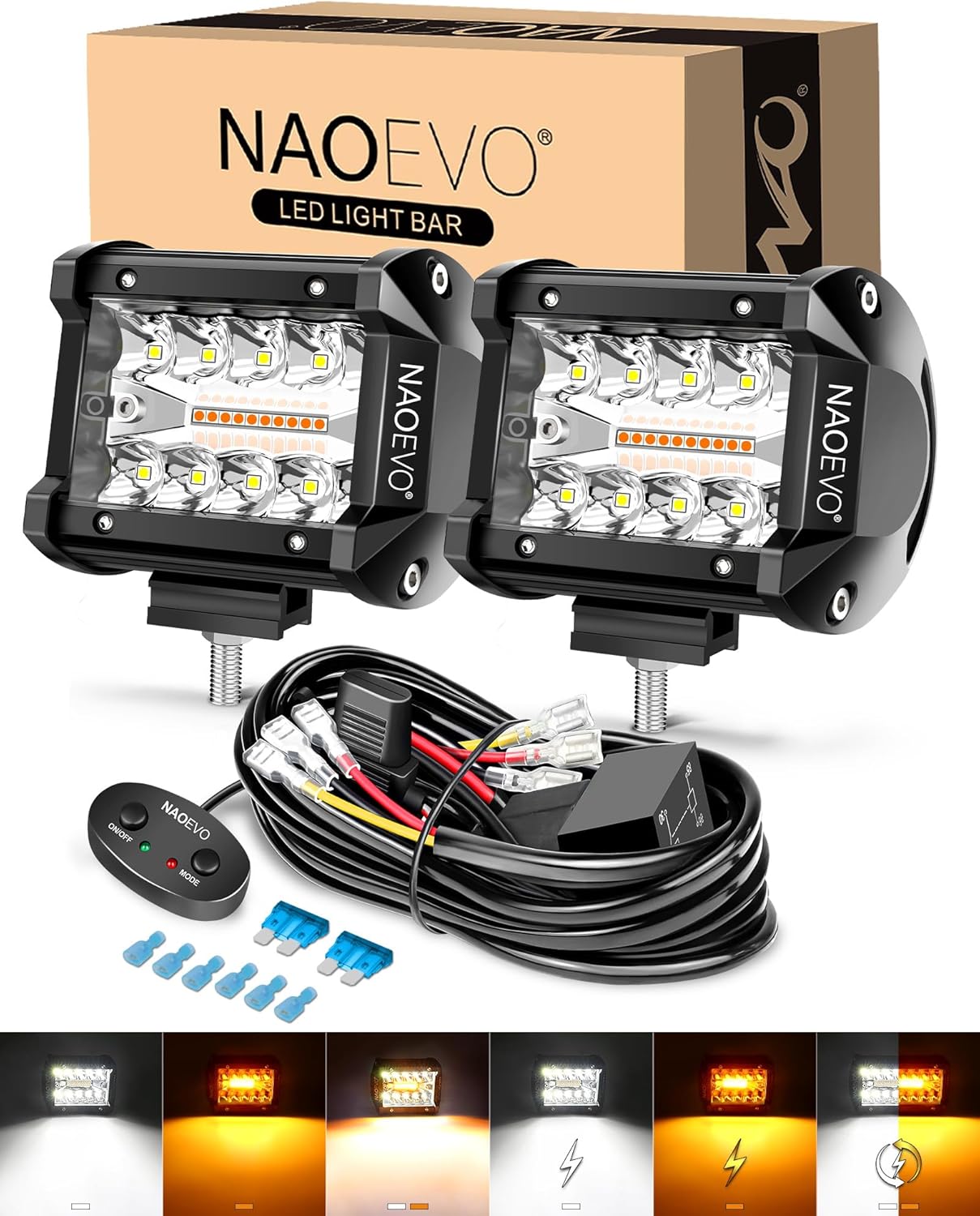 NAOEVO 4 Inch LED Pod Lights, White Amber LED Fog/Driving/Offroad Lights Strobe/Memory Mode and 2 Leads Wiring Harness, Cube Pods for Truck Boat ATV UTV, 2 Pcs (6 Modes)