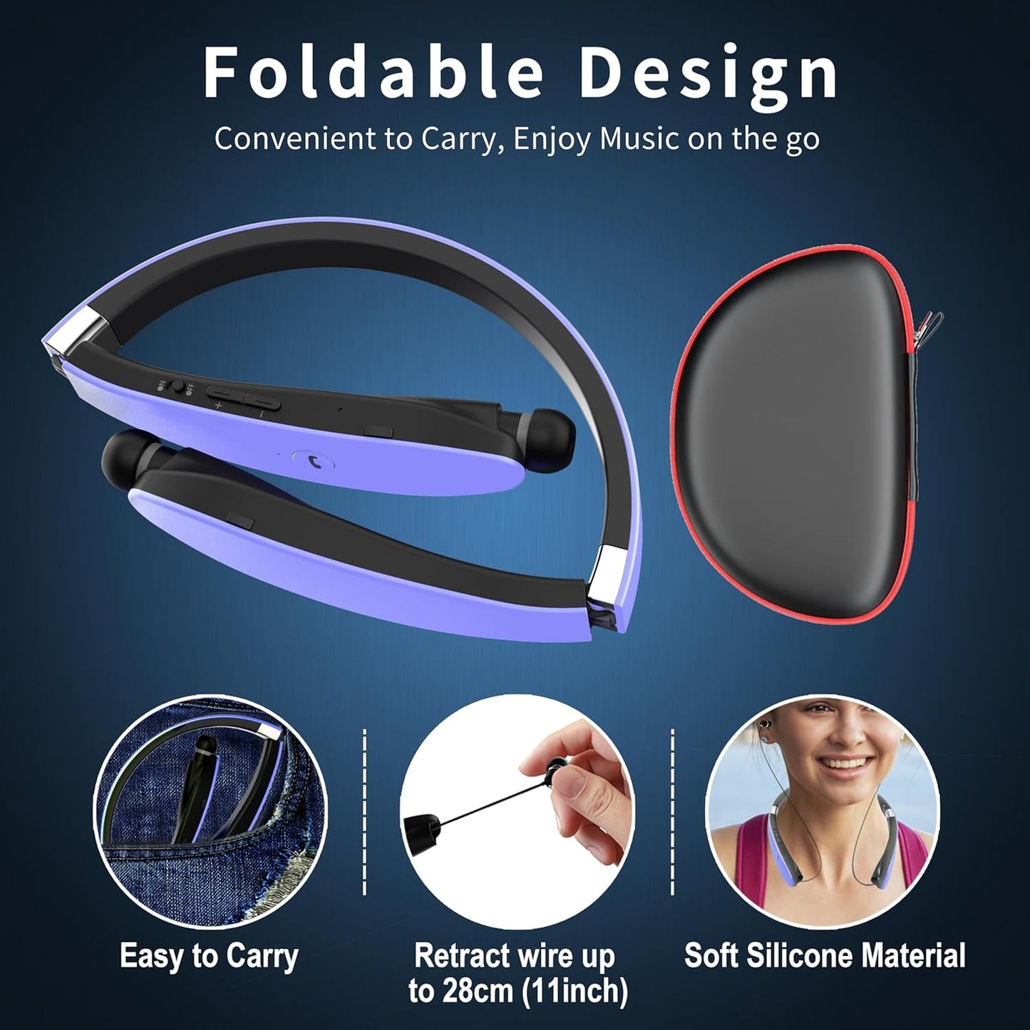 AMORNO Foldable Bluetooth Headphones Wireless Neckband Headset with Retractable Earbuds, Sports Sweatproof Noise Cancelling Stereo Earphones with Mic