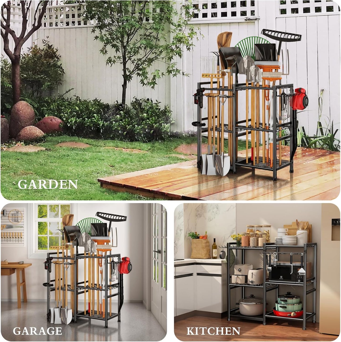 Garden Tool Organizer Storage Metal Yard Tool Organizer Heavy Duty Garden Tool Rack Stand with 2 Extra Hooks, Up To 70 Long Handled Shovels/Rakes/Brooms Holder for Garage,Shed,Outdoor(Black)