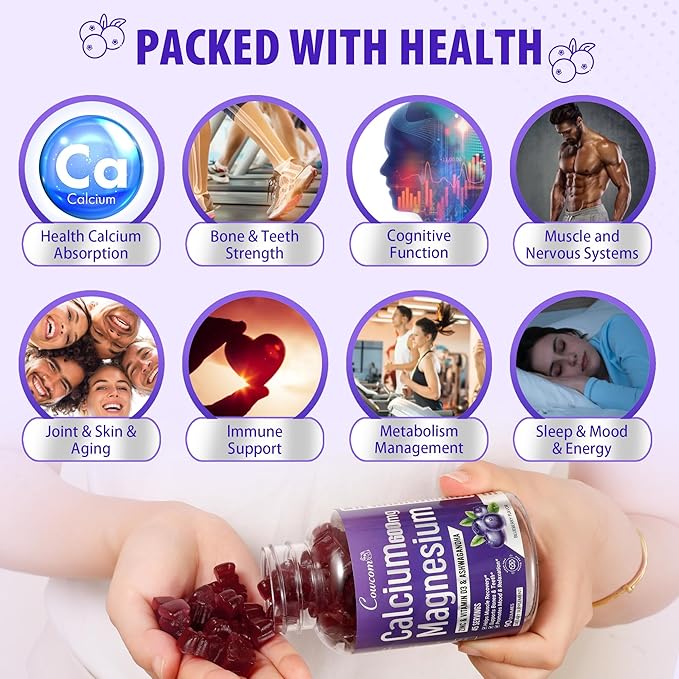 Calcium Magnesium Zinc Gummies & Vitamin D3,B6,B12,Immune & Supporting Bone Health Calcium Magnesium Supplement for Women Men,Sugar-Free Vegan Blueberry Flavored 90 Counts