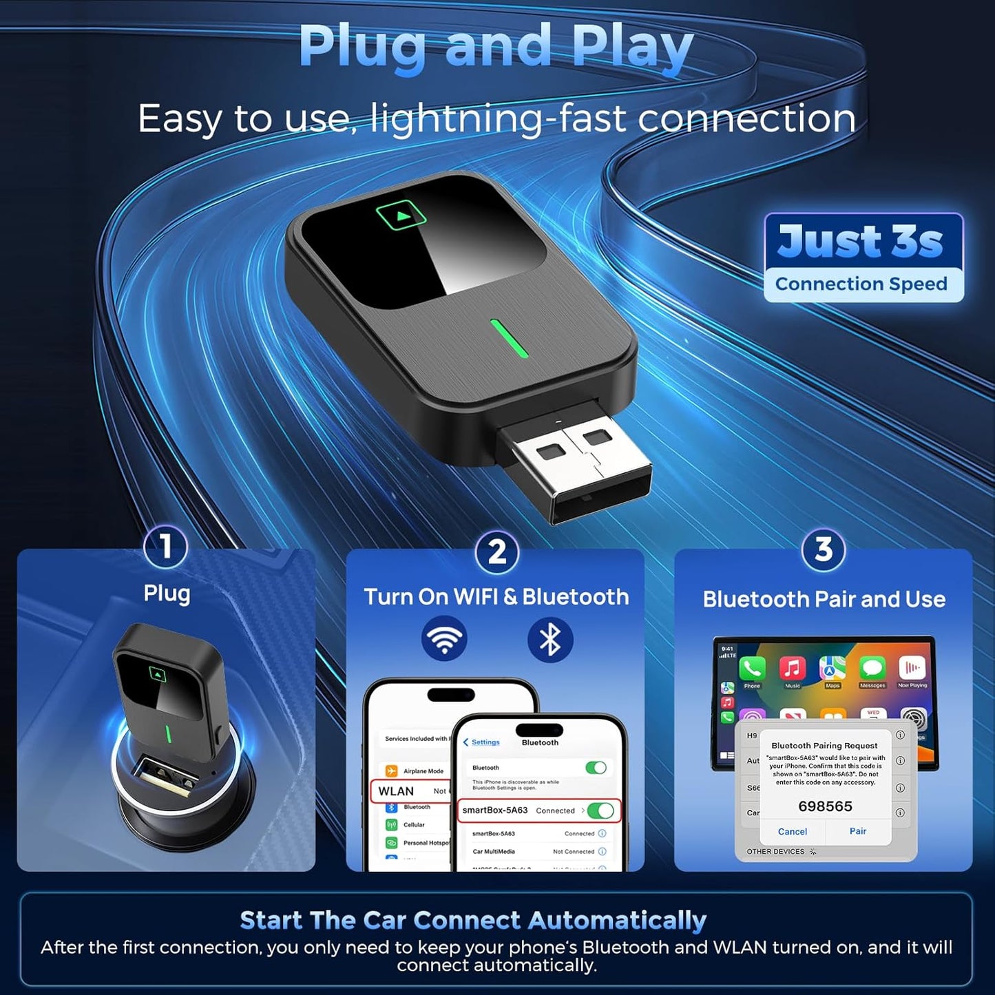 2-in-1 Wireless CarPlay & Android Auto Adapter with 1-Tap Switch & Reset, Wired to Wireless, Plug & Play USB/Type-C Dongle, Auto Connect, No Delay, Apple Car Play Wireless Adapter for iPhone & Android
