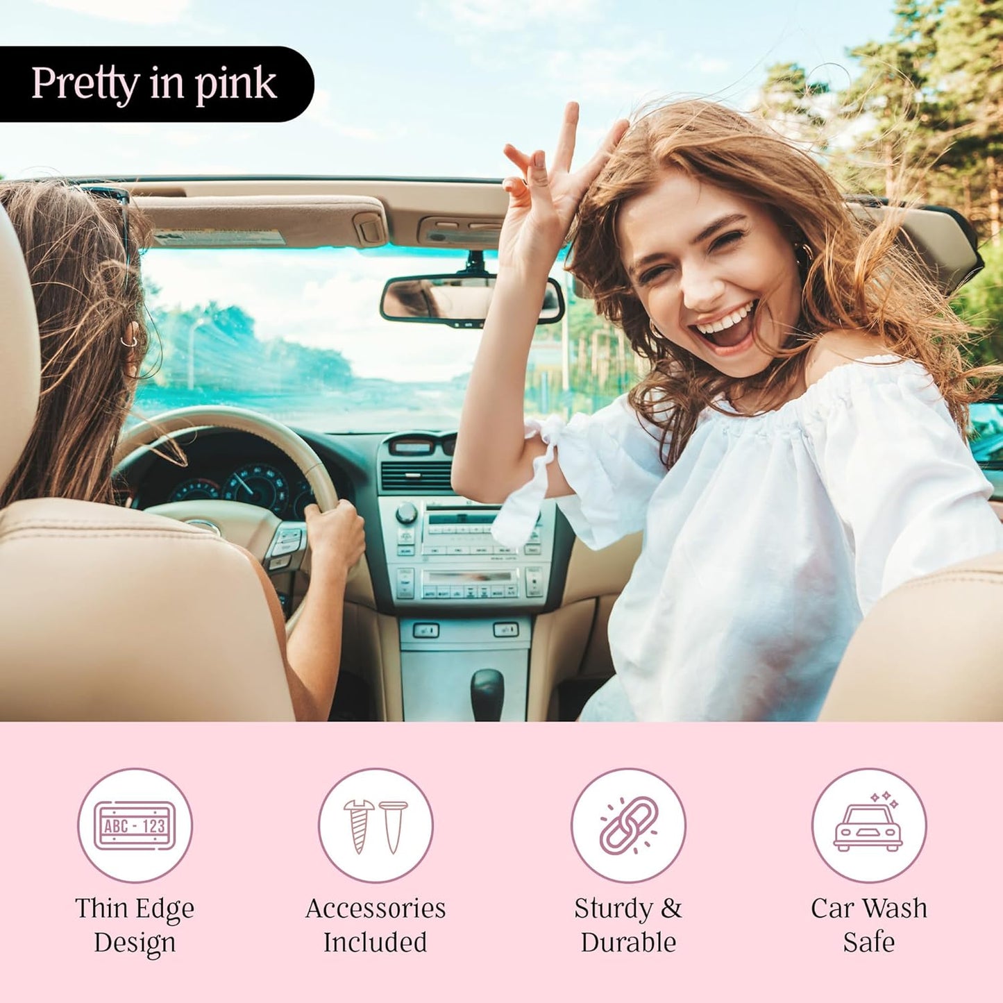 Premium Princess Pink License Plate Frames – 2 Pack, Rust-Free Stainless Steel, Street Legal, Rattle-Free, Universal Slim Design with Screw Covers, Durable Car Tag Holders for Women, Cute & Girly Gift