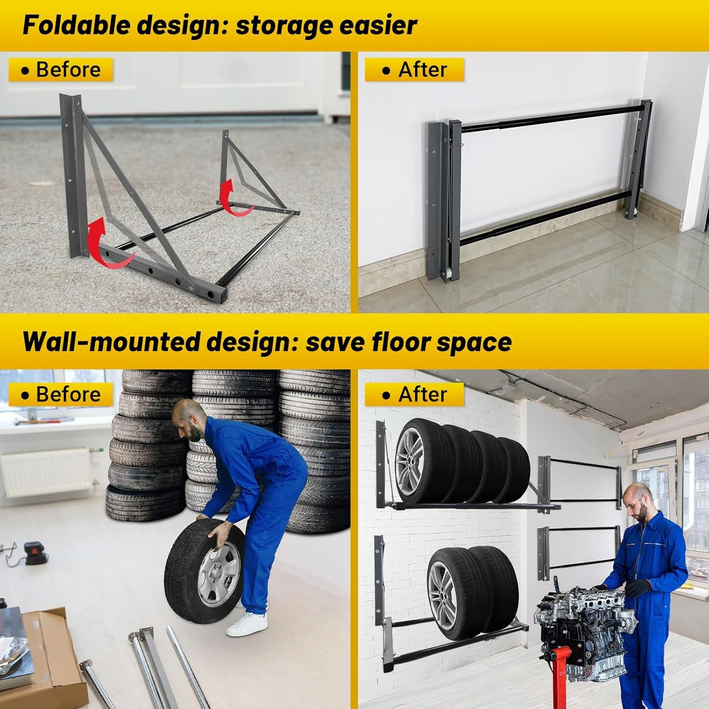 ROBLOCK Adjustable Tire Rack Wall Mount for Garage, Folding Wheel Spare Tire Carriers with Heavy Duty Steel, Adjustable Length(32"-48"), Grey