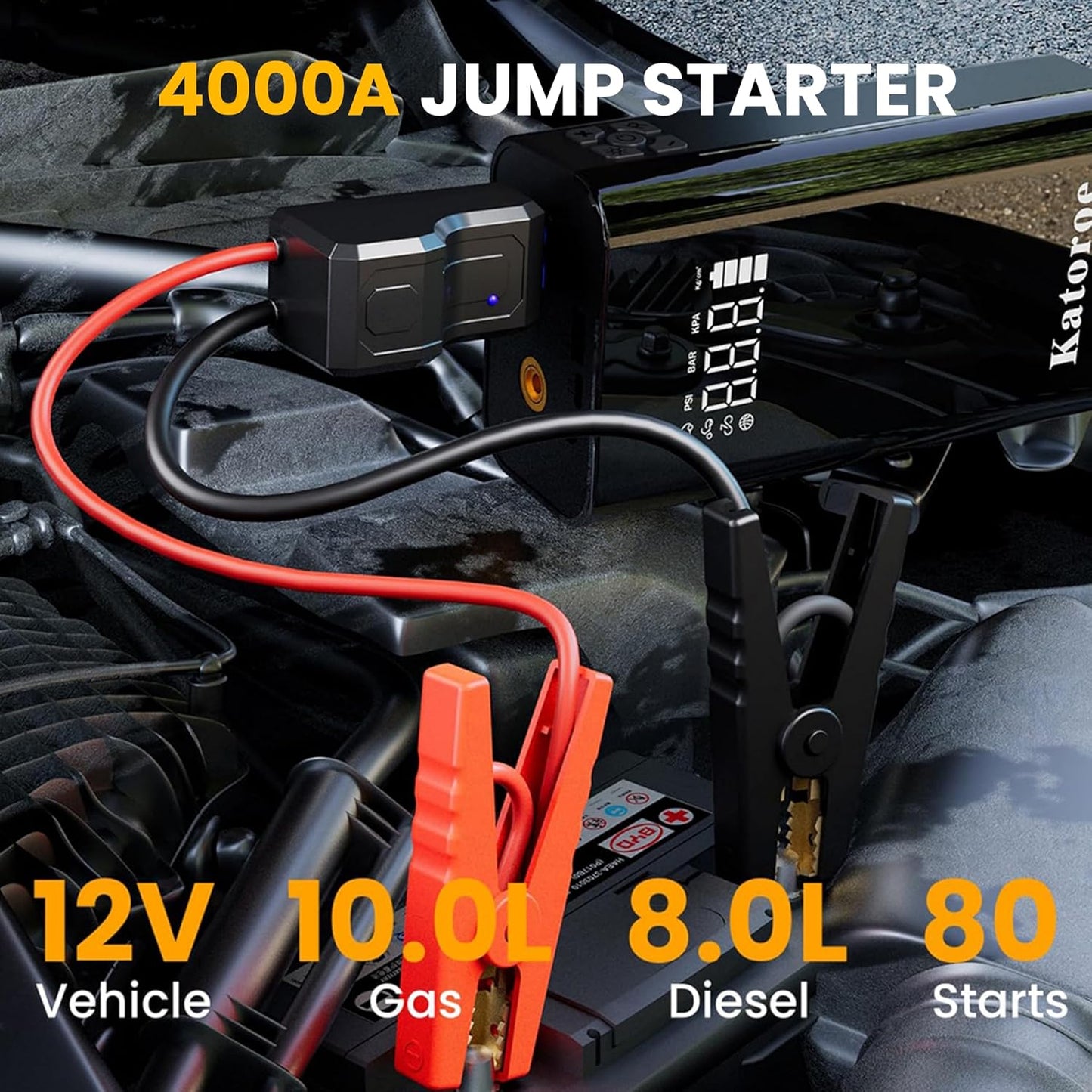 Jump Starter with Air Compressor, 4000A Portable Car Battery Jump Starter (9.0L Gas/7.0L Diesel), 150PSI Tire Inflator 12V Battery Jumper Starter Portable with Jumper Cables, LED Light (Q7-4000A)