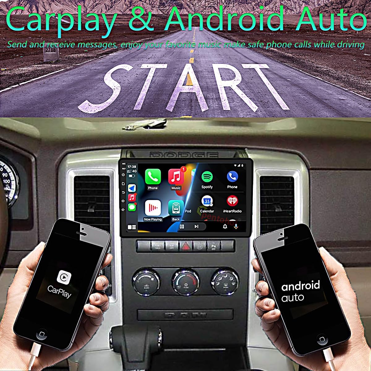 QLED, Customize Desktop Car Stereo Radio Upgrade for Dodge RAM 1500 2500 3500 for 2009 2010 2011 2012,Android Stereo Replacement,Build in Wireless carplay Wired Android Auto,Free Camera (2GB+64GB)