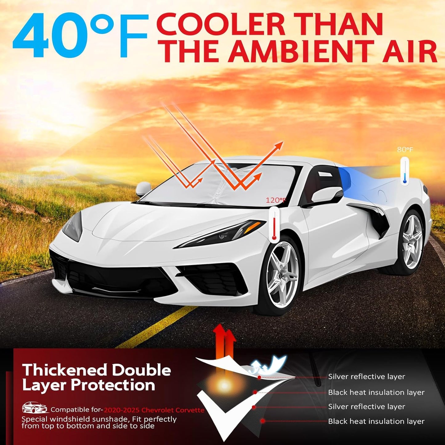 KAYZT Windshield Sun Shade for 2020-2025 Che-vrolet/Chevy Corvette Foldable Sunshade Front Window Custom Fit Car Accessories