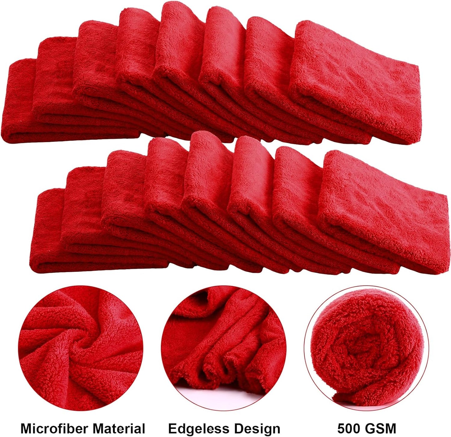 Shimeyao 30 Pcs Edgeless Microfiber Plush Towels for Cars Detailing Drying Wash Polishing Absorbent Cleaning Cloths, 500 GSM, 16 x 16 Inch(Red)