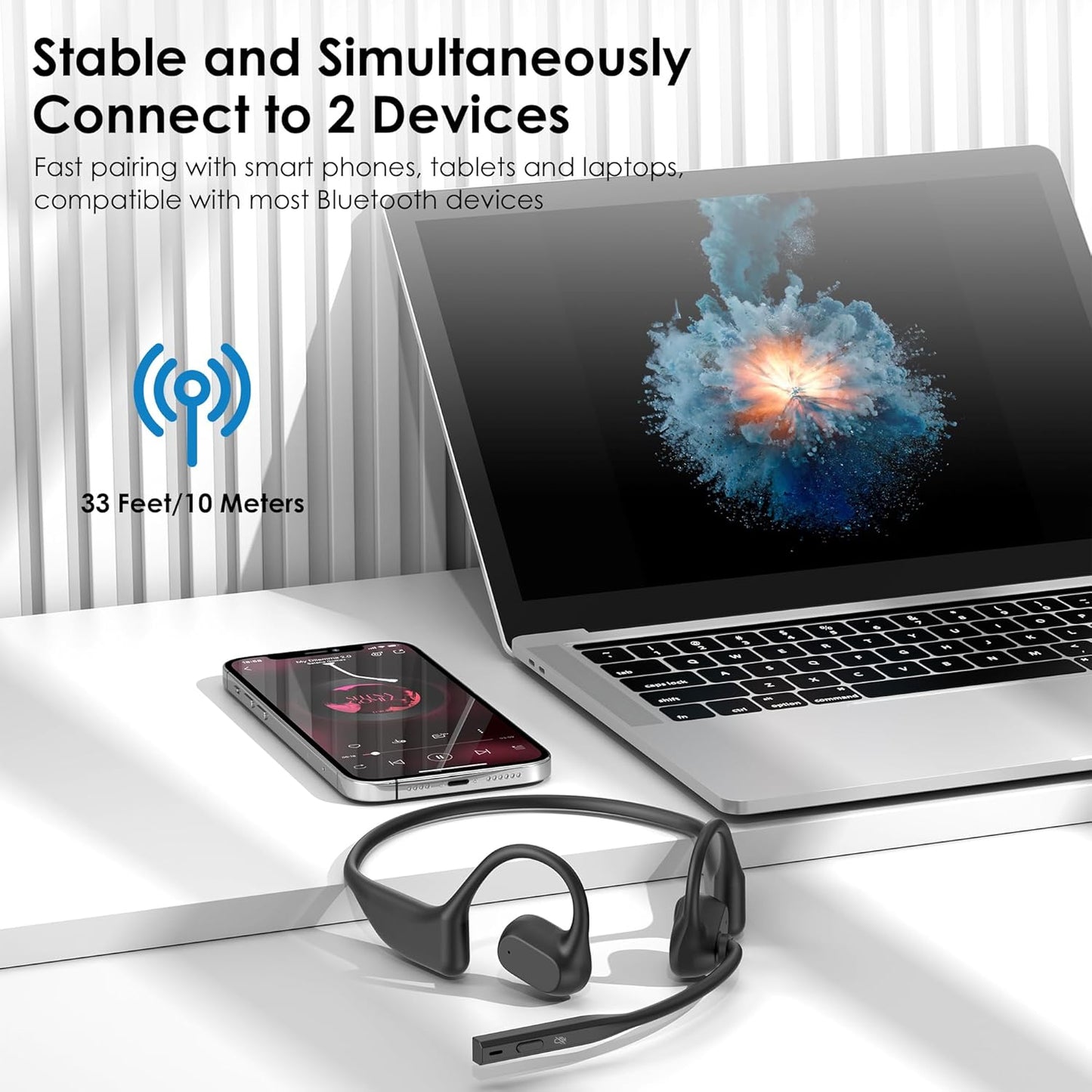 Open Ear Headphones with Mic, Bluetooth 5.3 Headset with AI Noise Cancelling Mic & Mute Function, Wireless Headset for Work, Sports, Drive (Dark Black)