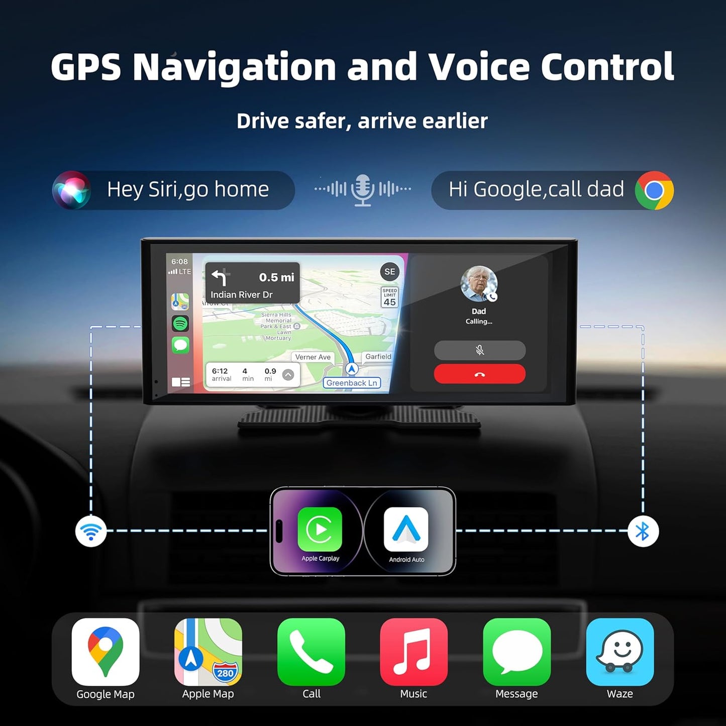Portable Carplay Screen for Car, 10.26" Wireless Apple Carplay & Android Auto with 4K Dash Cam,1080p Backup Camera,Car Audio Receivers, GPS Navigation, SuperLink, Bluetooth,FM, Music Player