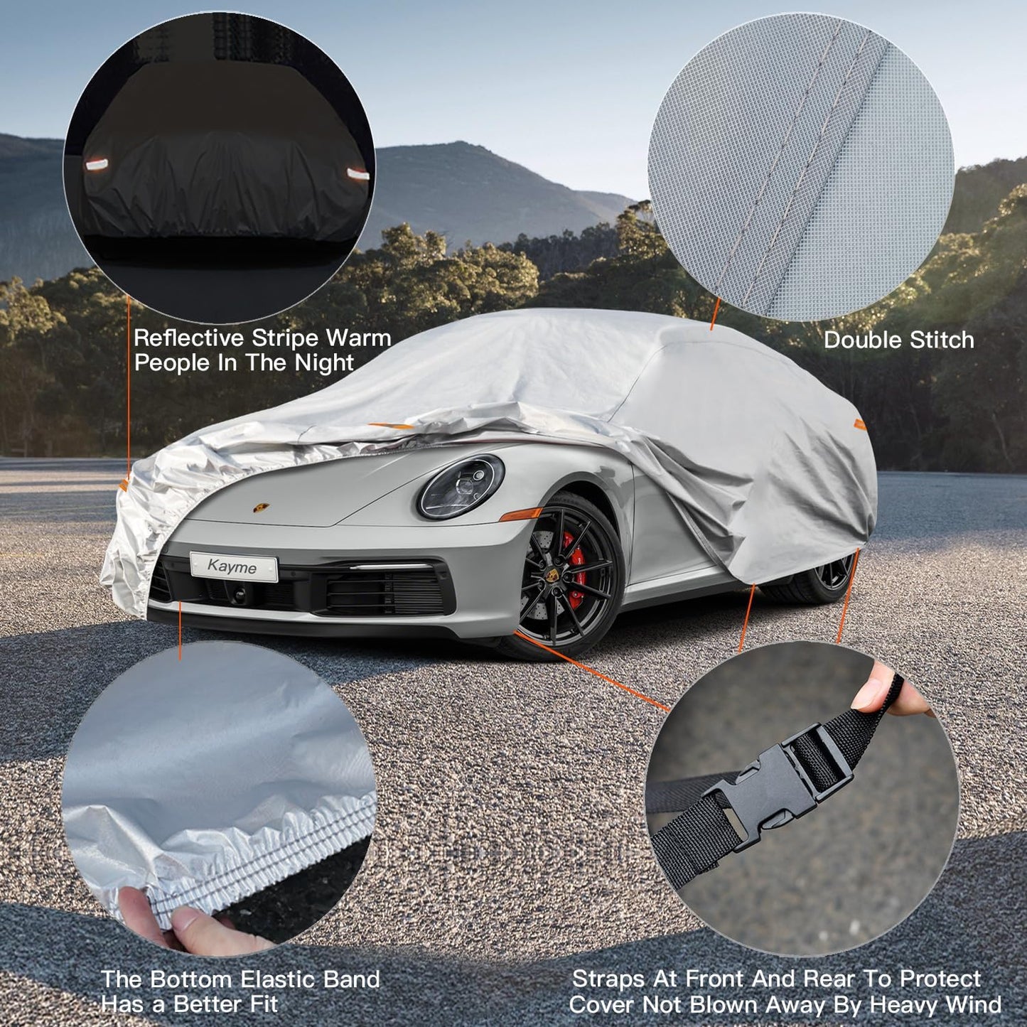 Kayme 6 Layers Car Cover Waterproof All Weather for Automobiles, Outdoor Full Cover Rain Sun UV Protection, Universal Fit for Porsche 911 996 997 991 992, Chevrolet Corvette, Acura NSX (178-185 inch)