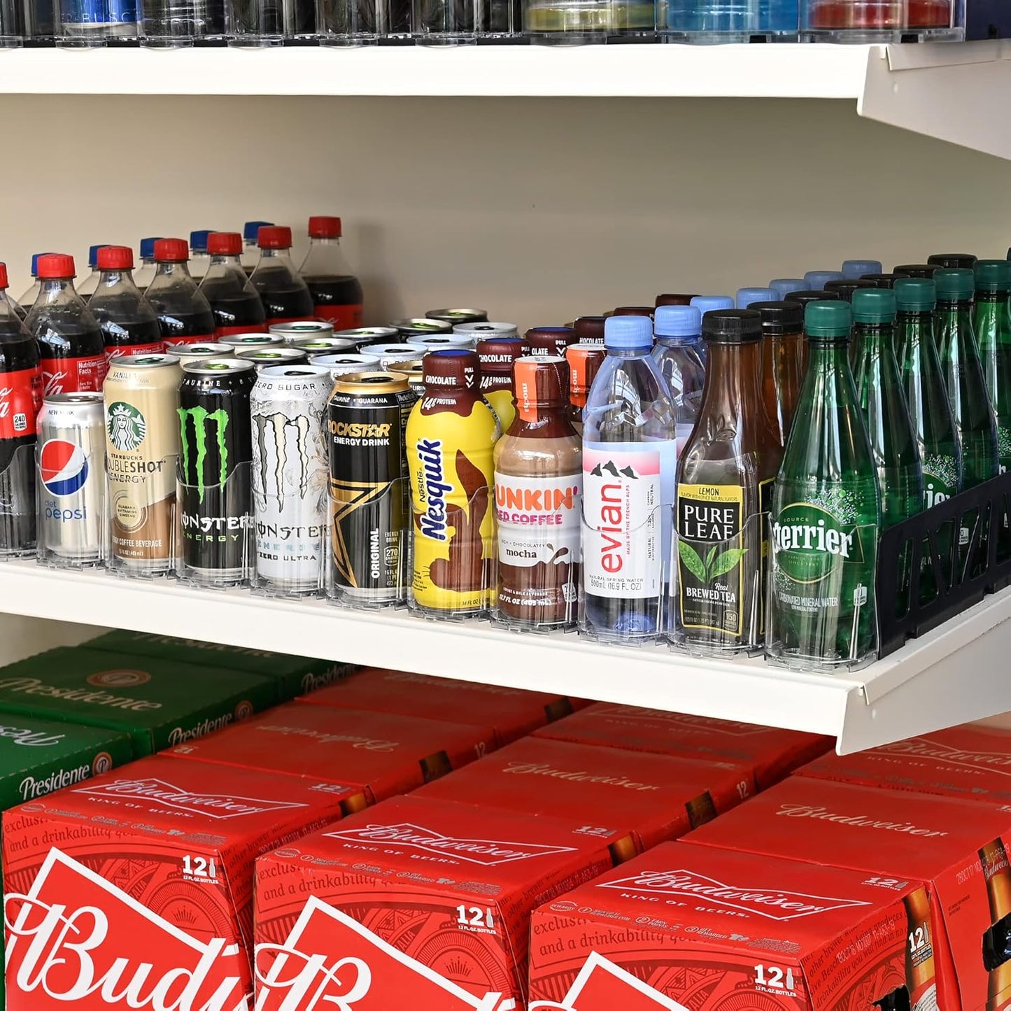 Visi-FAST Spring Push Drink Dispenser, Refrigerator Organizers and Storage for 12/16 oz Beverages, Bottles, and Cans, Drink Dispenser for Fridge, Commercial and Home, (Pack of 6)