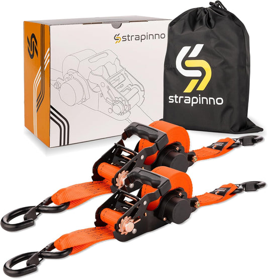 Strapinno 2PCs Retractable Ratchet Tie-Down Straps,5,000 lbs Break Strength- 2 in x 12 ft Heavy Duty Ratchet Strap with Safety Lock S Hooks for Motorcycles, ATVs, UTVs, Lawn Equipment & Cargo-Orange