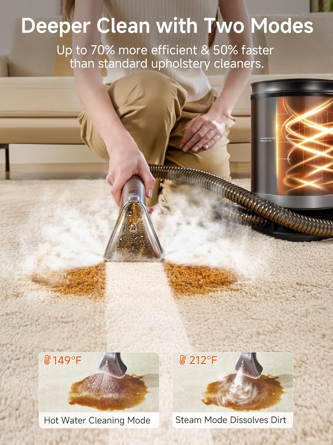 uwant Portable Carpet Cleaner with Steam& HeatingSystem, 18Kpa Powerful Suction Carpet Cleaner Machine with Exclusive Tools 2in1 Upholstery Steam Cleaner Machine (Grey)