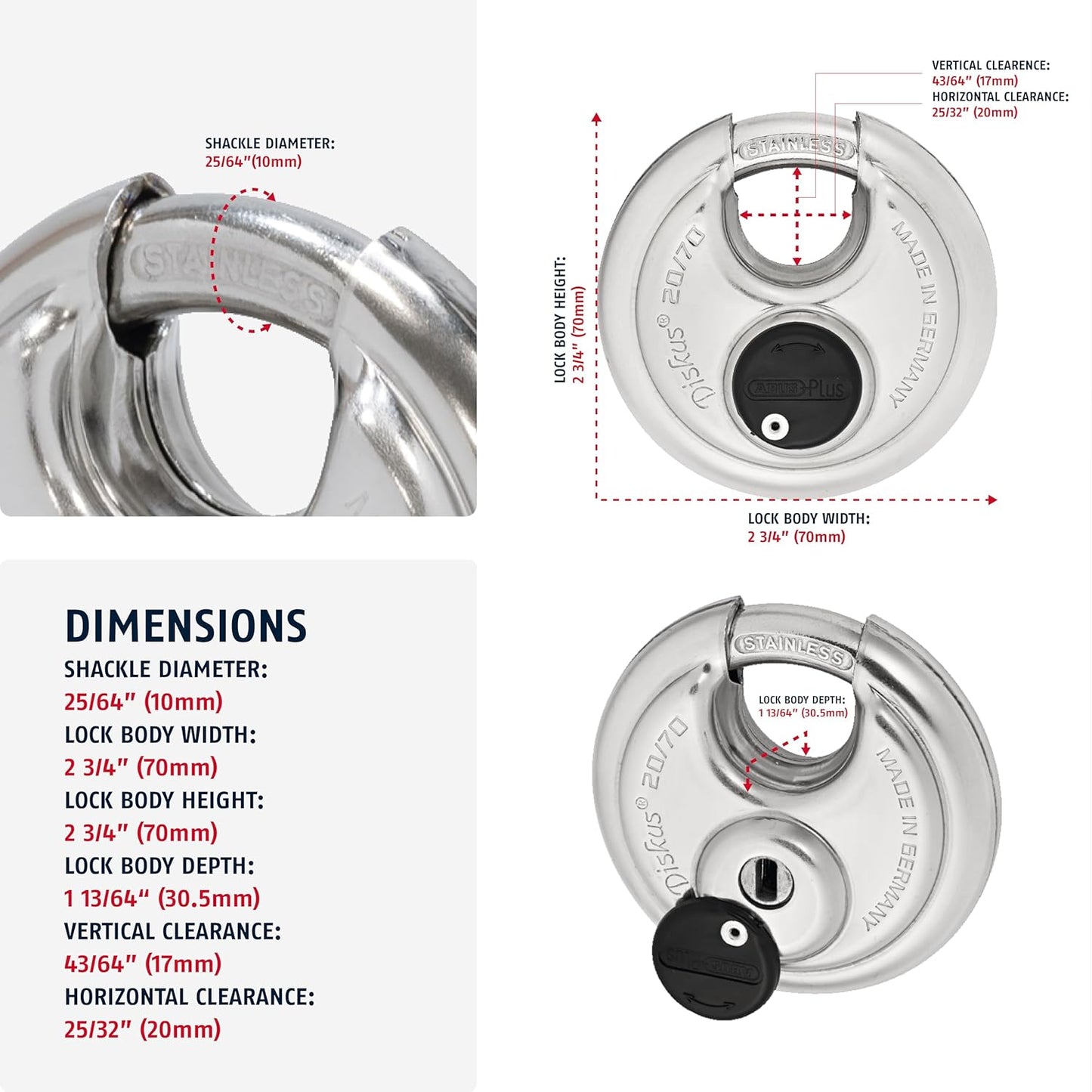 6 Pack ABUS Diskus 20/70 Heavy Duty Stainless Steel Disk Padlock - Rustproof Storage Lock with 3/8" Shackle - Made in Germany - Keyed Alike Code 323614