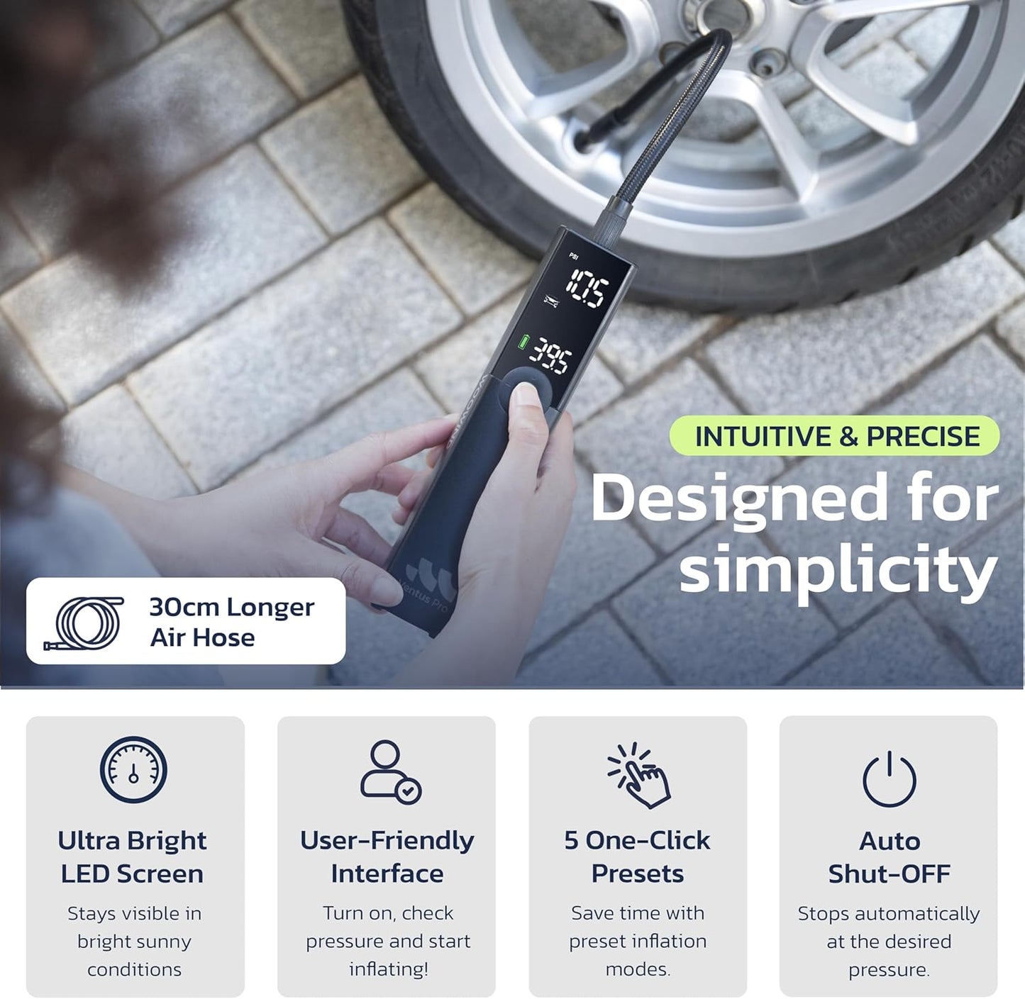 Tire Inflator Portable Air Compressor for Car, Bike, Motorcycle, SUV, Offroad & Truck - Fast Car Pump, 150 PSI, Cordless 12V DC, LED Display Emergency Light Woowind (Ventus pro)