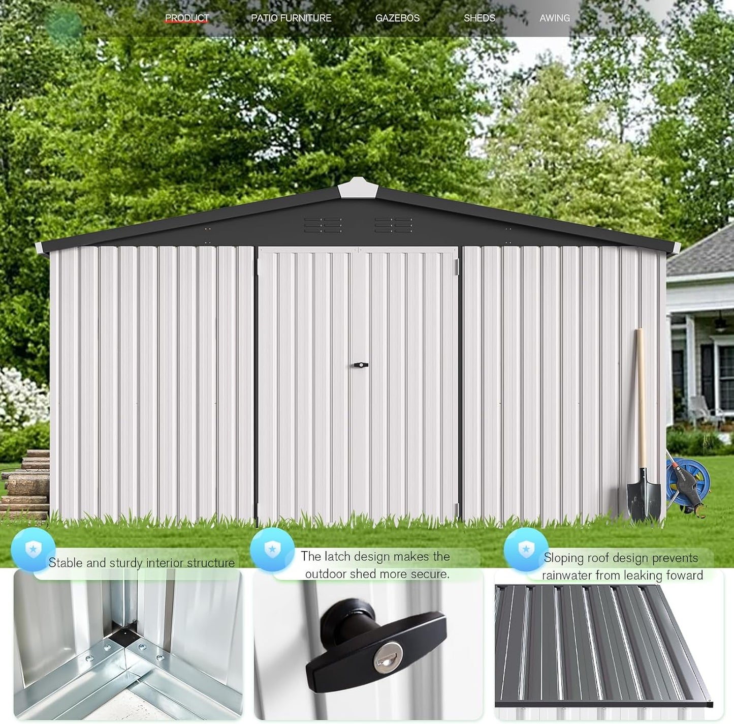 U-MAX 10' x 10' Shed Outdoor Storage Shed Clearance, Large Metal Garden Shed Yard Steel Shed with Design of Lockable Doors, Tool and Utility Storage for Backyard, Garden, Patio, Outside use White