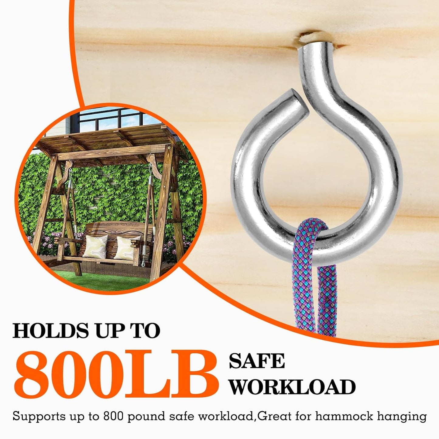 4Pcs Self Tapping Eyelet Screw Eye Bolt，6 Inch Heavy Duty Screw Eyes Hooks ，M10 Wooden Large Screw Eye Hook，Load Capacity 800 Lbs for Hammock ，Yoga，Heavy Indoor Outdoor Uses (4, M10-6 INCH)