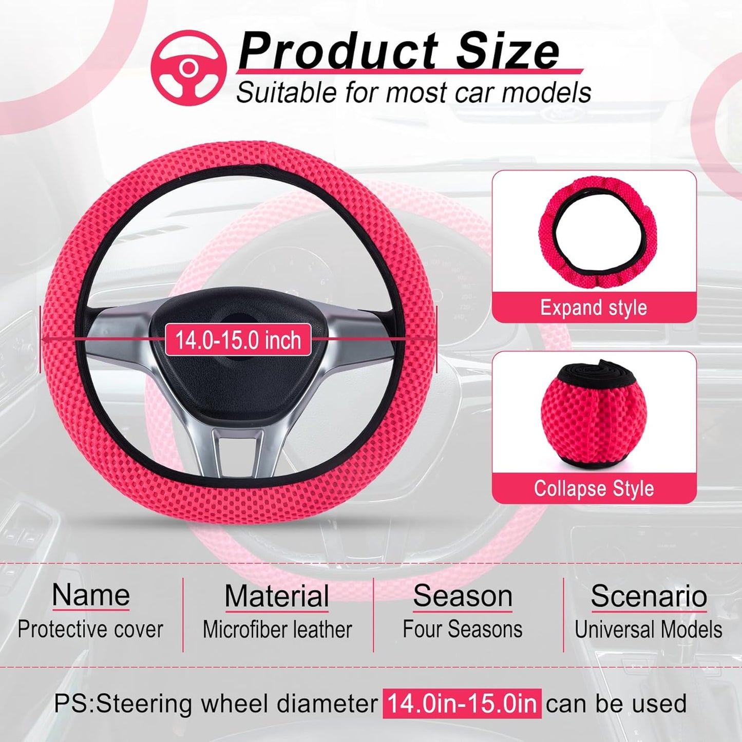 alpmosn Elastic Stretch Steering Wheel Cover, Universal Interior Accessories Steering Wheel Cover for Women & Men, Breathable Microfiber Ice Silk, Anti-Slip, Odorless, Easy Carry(Rose Red)