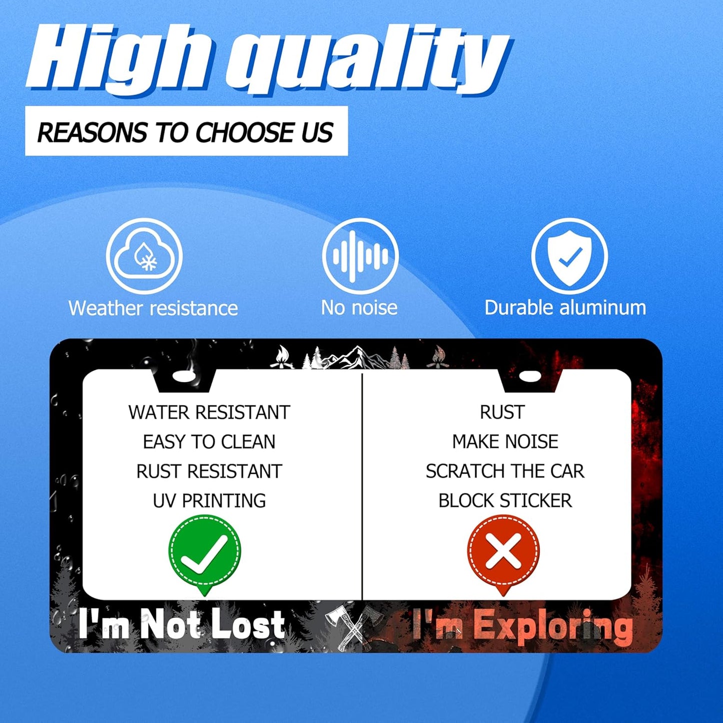 Funny License Plate Frame I'm Not Lost I'm Exploring License Plate Stainless Steel Mountain License Plate Holder Black Car Accessories Decoration With 2 Screws Fits Standard Vehicles Size 12.3" x 6.3"