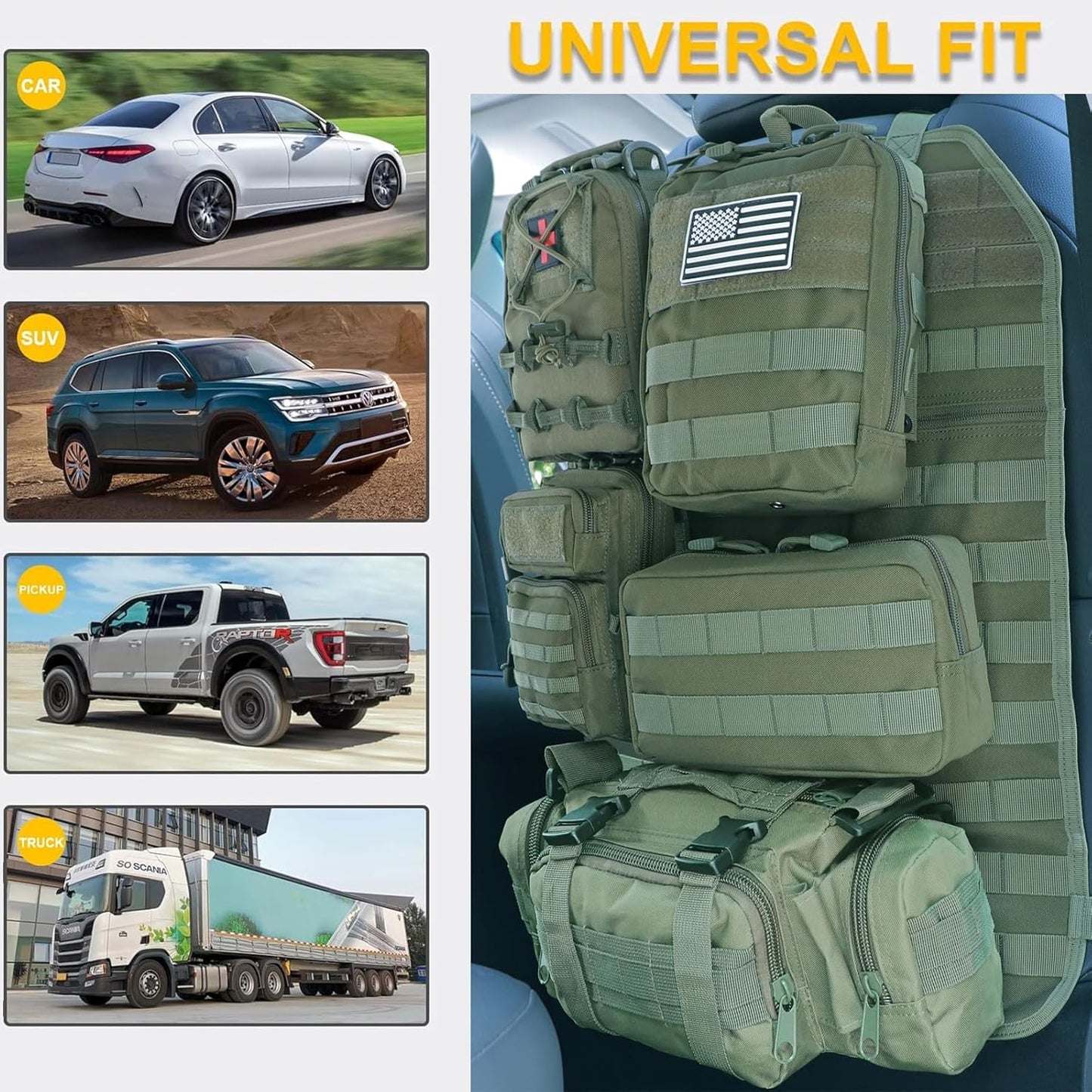 Universal Tactical Seat Back Organizer Vehicle Molle Panel Organizer Storage Bag with 5 Detachable Molle Pouch for All Vehicel Such as Jeep,Truck,SUV, Car, Ford,Chevy etc