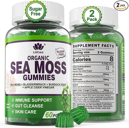 (2 Pack) Sea Moss Gummies - Irish Sea Moss Gummies for Adults & Kids - Advanced Superfood Seamoss Supplement with Organic Bladderwrack & Burdock Root Extract，ACV for Daily Immune, Gut Cleanse, Vegan