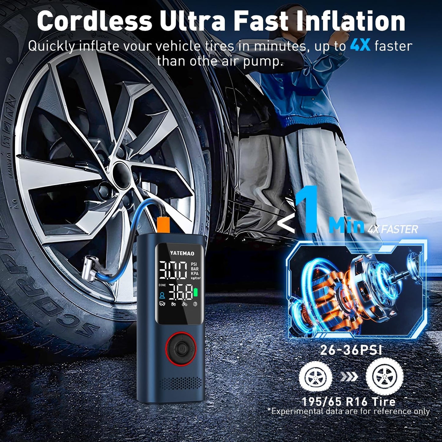 Tire Inflator Portable Air Compressor - tire inflator 25000mAh & 160PSI，4X Fast portable air compressor with LCD Digital Tire Gauge Pressure，Cordless air pump for car tires,bike, Motorcycle, Ball