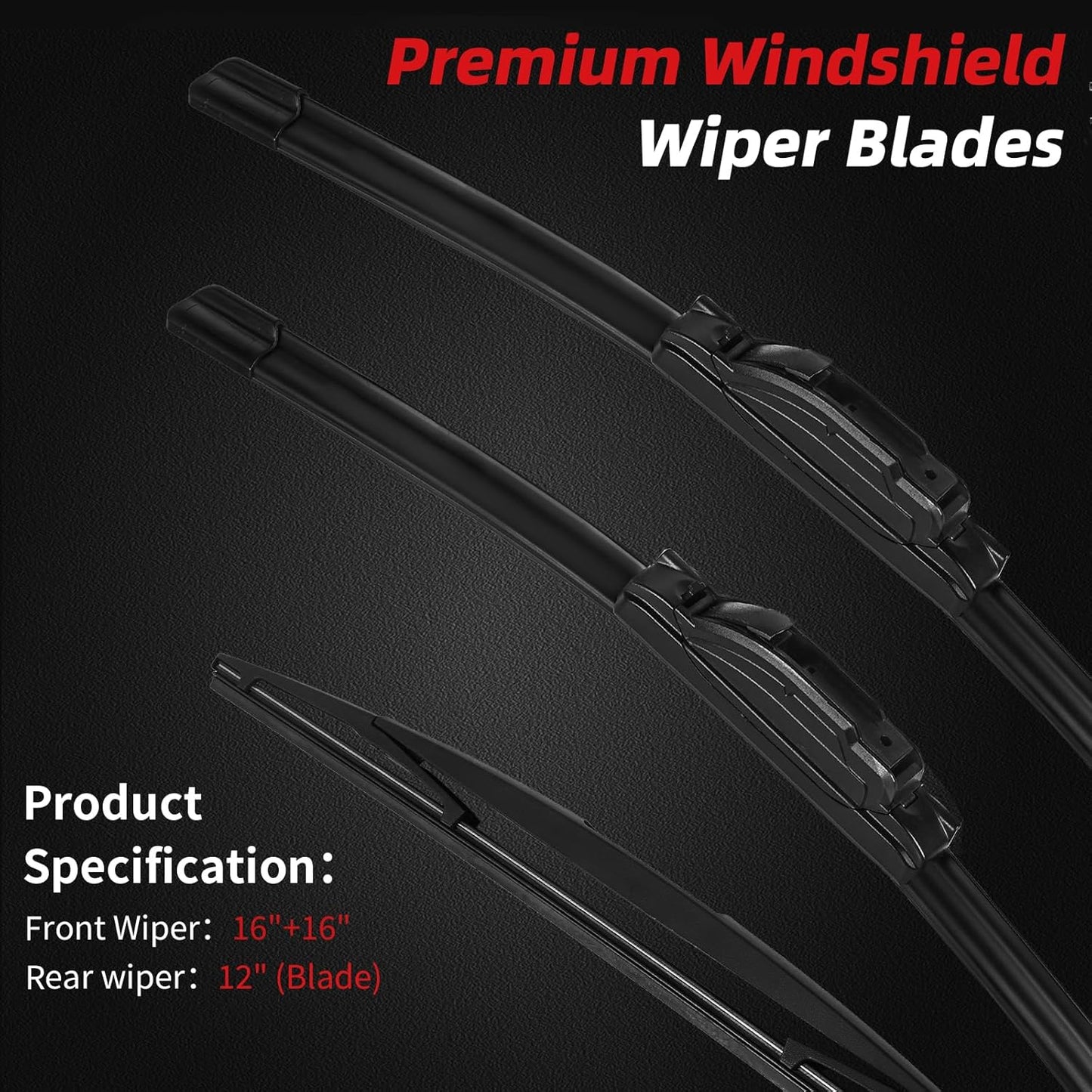 OTUAYAUTO Premium Windshield Wiper Blades - Replacement for Jeep Wrangler JL 2018-2024- Precision Fit, All-Weather Performance, Front and Rear Wiper Blades, J/U Hook - 16"+16"+12" (Pack of 3)
