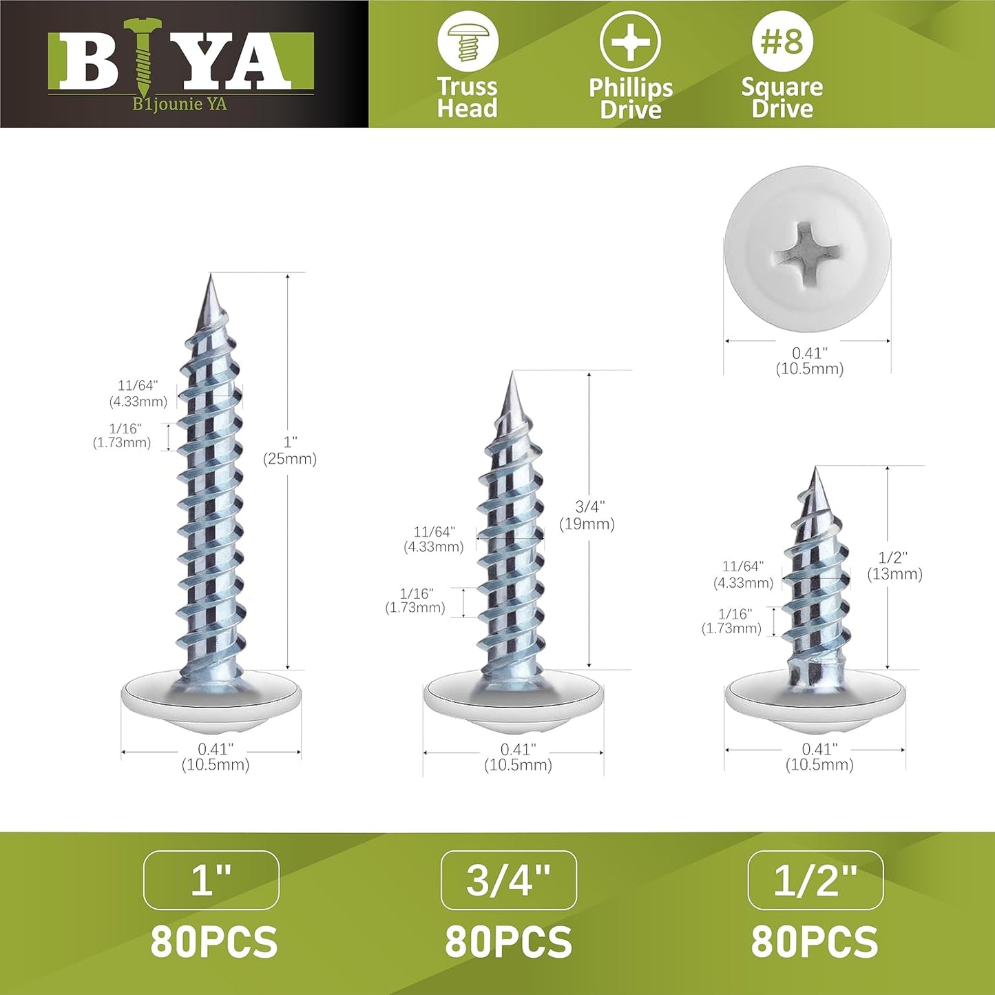 White Wood Screws, 240pcs Thread Truss Head Fast Self Tapping Pan Cabinet Screws for Wall Plates, 1/2 Inch, 3/4 Inch, 1 Inch