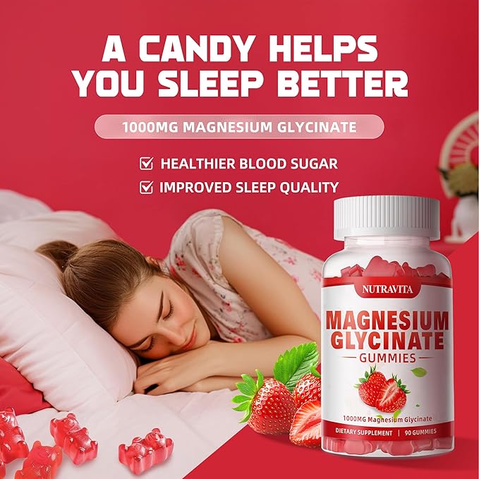 Magnesium Glycinate Gummies 1000mg with Magnesium L-Threonate,Chelated Magnesium Potassium Complex Supplement with VitD, B6, CoQ10, Calcium,Supports for Memory, Calm, Mood - 90 Gummies Strawberry