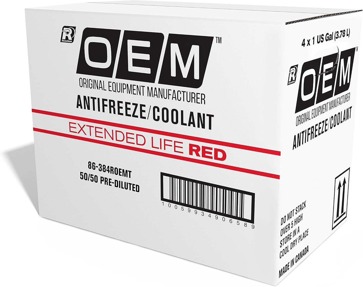 OEM Recochem Asian Vehicles Premium Antifreeze 50/50 Extended Life Coolant RED, 1 Gallon, 4 Pack