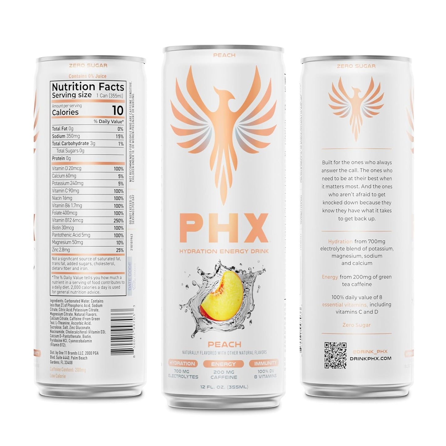 PHX Hydration Energy Drink - 700mg Electrolytes, 200mg Natural Green Tea Caffeine, 100% Daily Value 8 Essential Vitamins - 12 oz Cans (12 Pack) (12 Pack, Peach)