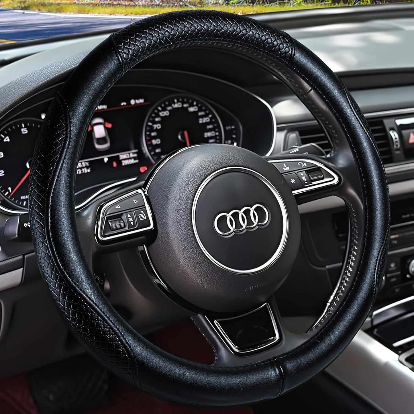 Haokay Heavy Duty Pure Cowhide Steering Wheel Cover, Genuine Leather Steering Cover with 15 Inches Universal Fit