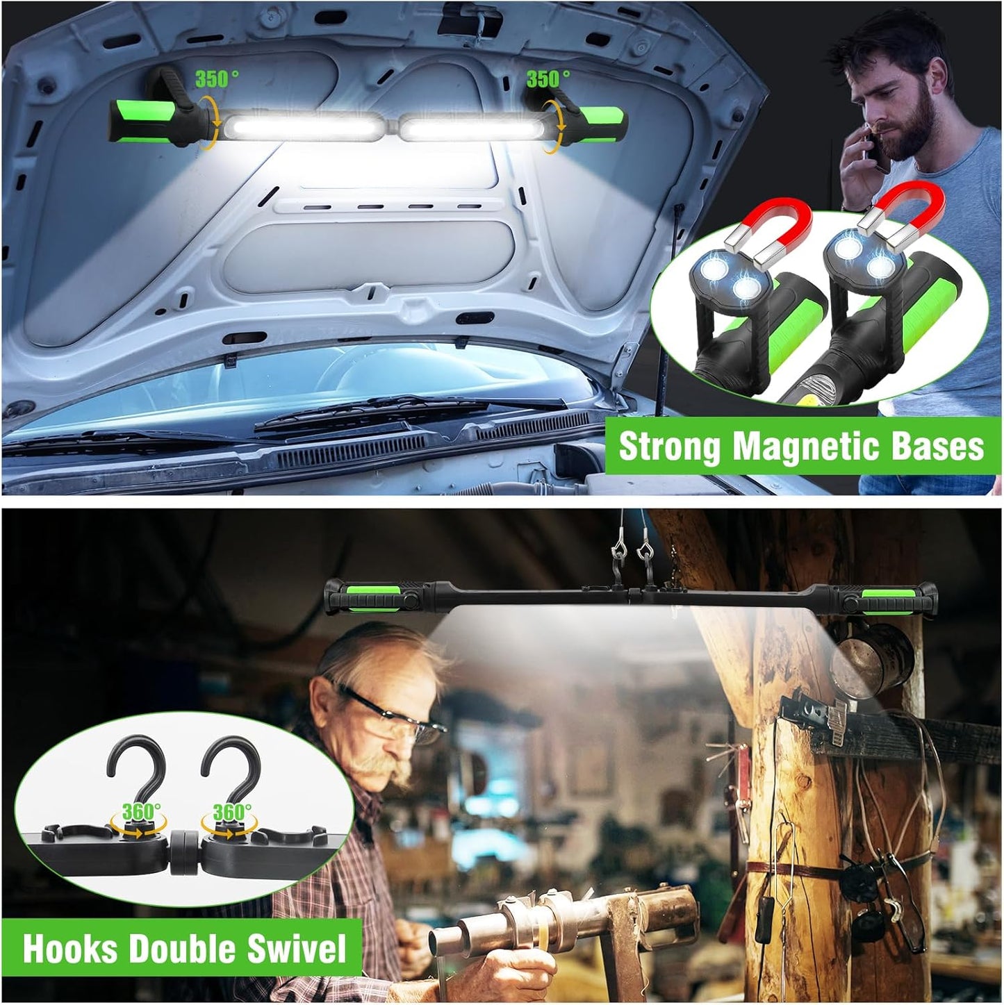 SYLSTAR Work Light for Mechanic, 2400LM LED, 4400mAh Rechargeable, Magnetic, Underhood Work Light with Hooks for Car Repairing/Inspection/Garage/Workshop/Emergency