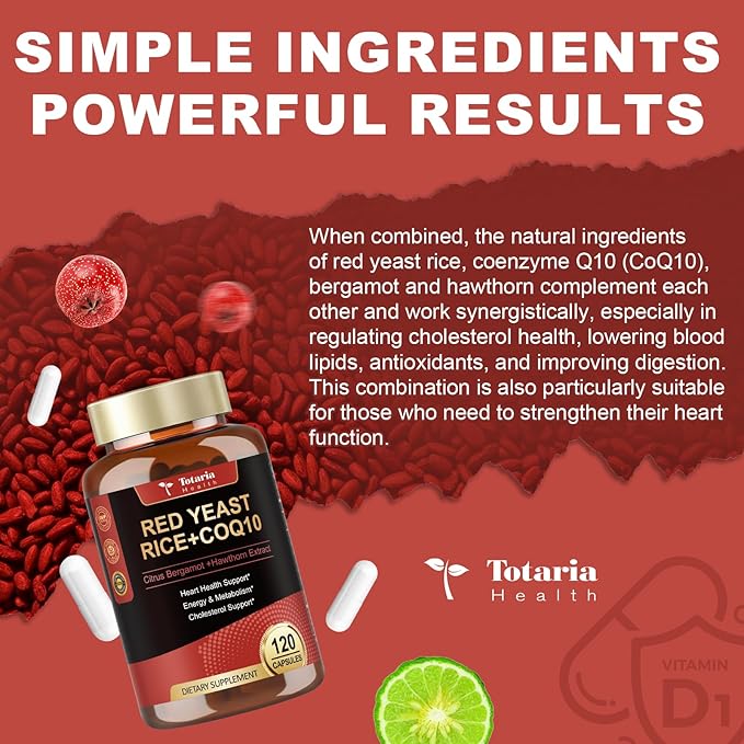 (2 Packs) Red Yeast Rice with CoQ10 Supplement - Citrinin-Free Red Yeast Rice 2,000 mg Capsules with CoQ10 100mg Plus Citrus Bergamot - Niacin-Free, Cholesterol & Energy Supplement 3rd-Party Tested