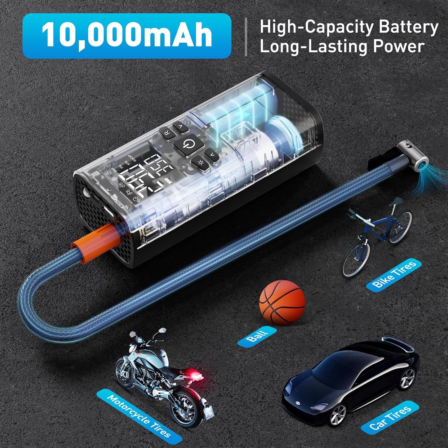 Tire Inflator Portable Air Compressor – Dual Power Mode, Built-in Battery & 12V Car Plug | Fast Inflation, Auto Shut-Off, Dual Pressure Display & LED Light for Cars, Motorcycles, Gifts for Men