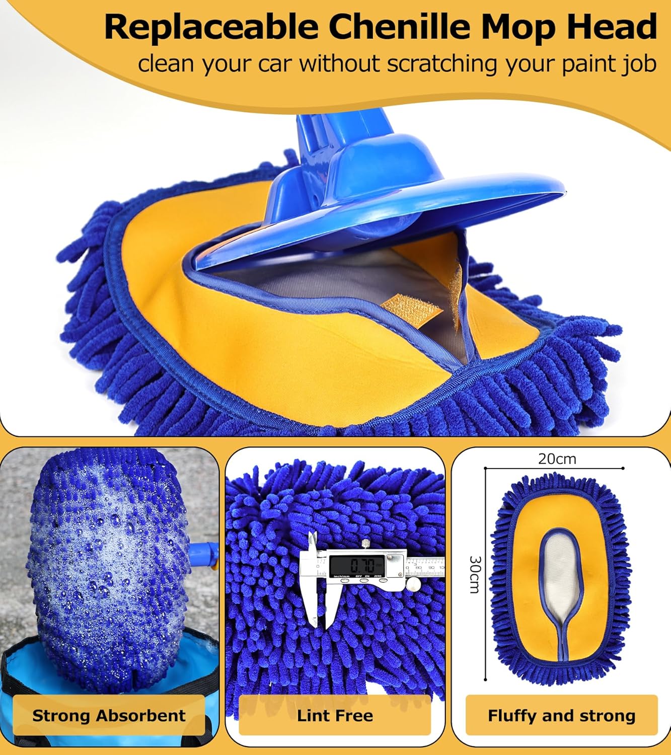 anngrowy 56.7" Car Wash Brush Mop Kit Mitt Sponge with Long Handle Car Cleaning Supplies Kit Tools Car Washing Duster Exterior Scratch Free, Chenille Replacement Head Extension Pole