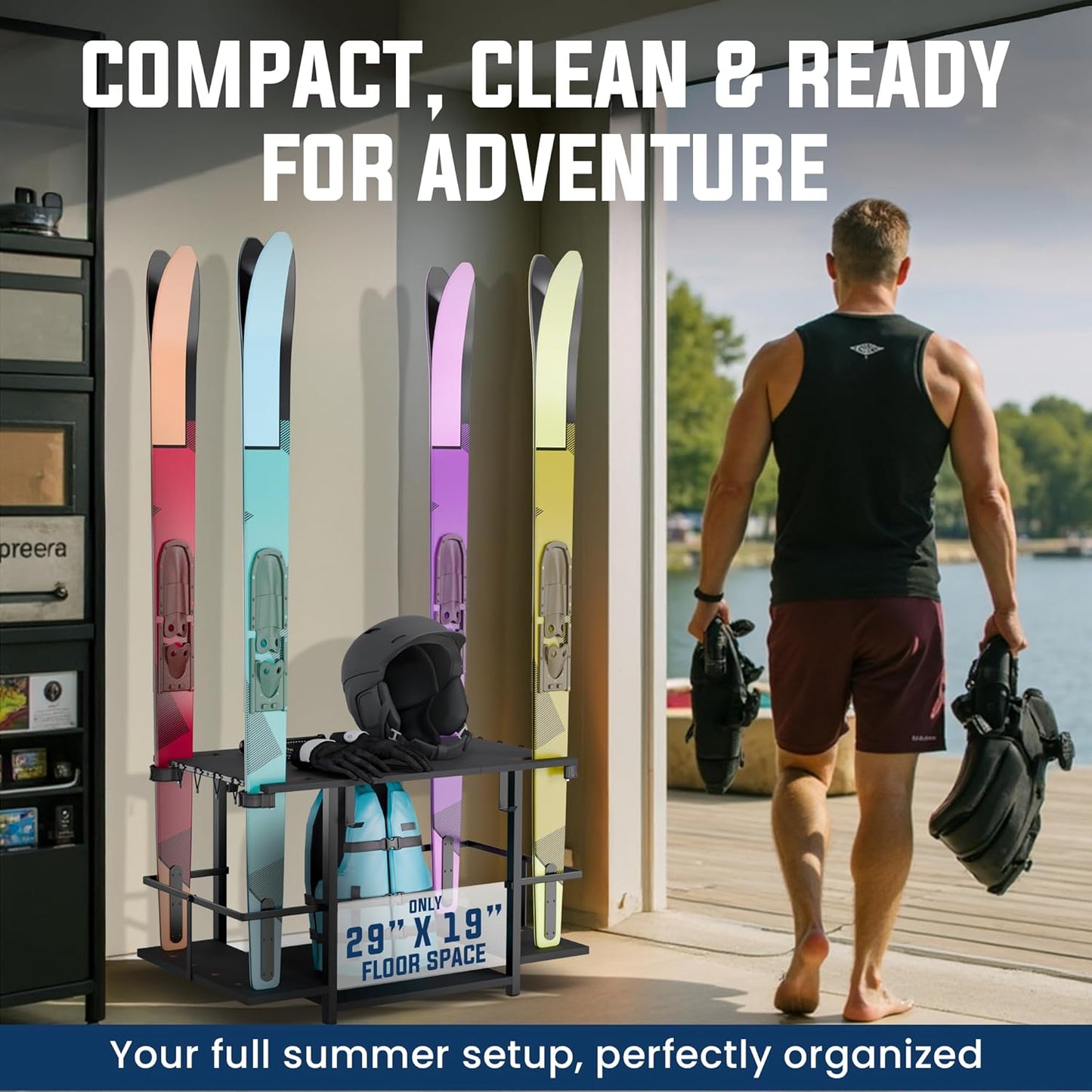 Water Ski Storage Rack – Garage Ski Rack Freestanding Organizer for Waterskis, Wakeboards, Paddleboards & Surfboards – Summer Water Sports Gear Holder for Indoor/Outdoor Use – 29x19x6 Inches