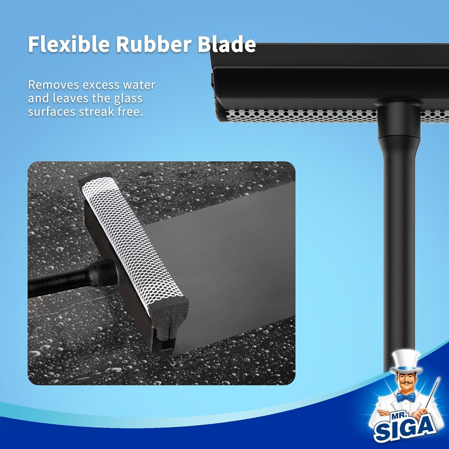 MR.SIGA Professional 2-in-1 Car Window Squeegee and Sponge Scrubber for Cleaning and Washing, Rubber Blade Cleaner With Handle, Black