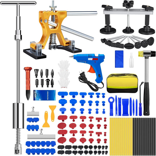 134PCS Dent Puller, Paintless Dent Removal Kit – All-in-One Car Dent Puller Kit with Slide Hammer 2 in 1 T-Bar, Golden Lifter, Bridge Puller–Dent Repair for Hail, Dings