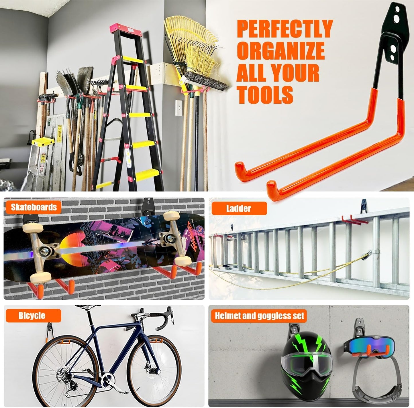 Heavy-Duty Garage Hooks -2 Pack Type large J - Anti-Slip Coated Wall-Mounted Hooks Wall Mount Storage Organizer for Hanging Power and Garden Tools, Ladders, Hose, Bikes, Ropes, Bulk Items, and More