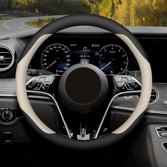 Steering Wheel Cover Standard Size Medium 14.5-15 inch, Breathable Microfiber Leather, Anti-Slip, Soft Grip, Universal Fit for Cars SUVs Trucks, Black and Creamy White