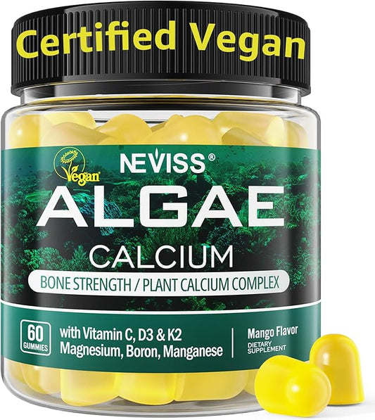 NEVISS Calcium Gummies for Women, Sugar Free Calcium Supplement with Vitamin D3 K2, C, Zinc, Boron, Sustainable Algae (3rd Party Tested) for Bone Strength, Calcium Absoption, Vegan, 60 Counts