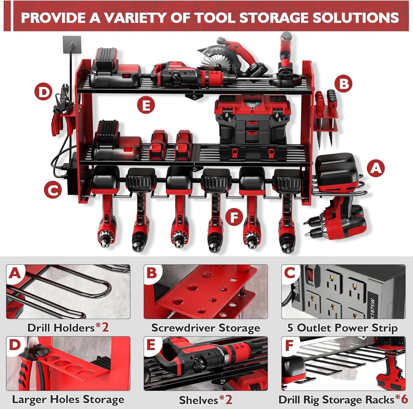 Power Tool Organizer Wall Mount with Charging Station, Cordless Drill and Battery Holder Shelf for Garage Organization,Heavy Duty Metal Tool Rack Storage, Load 300lbs, Built in 5 Outlet Power Strip